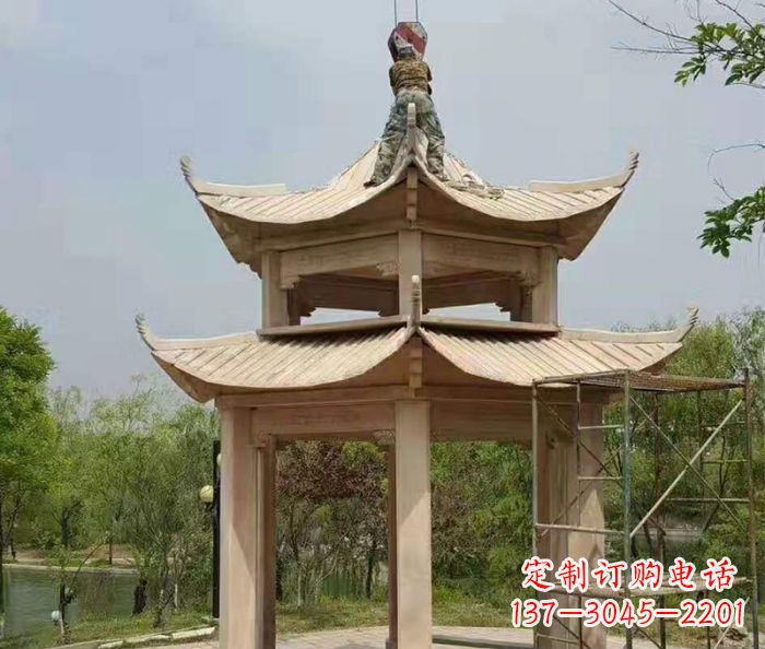潍坊晚霞红双层凉亭石雕 (2)
