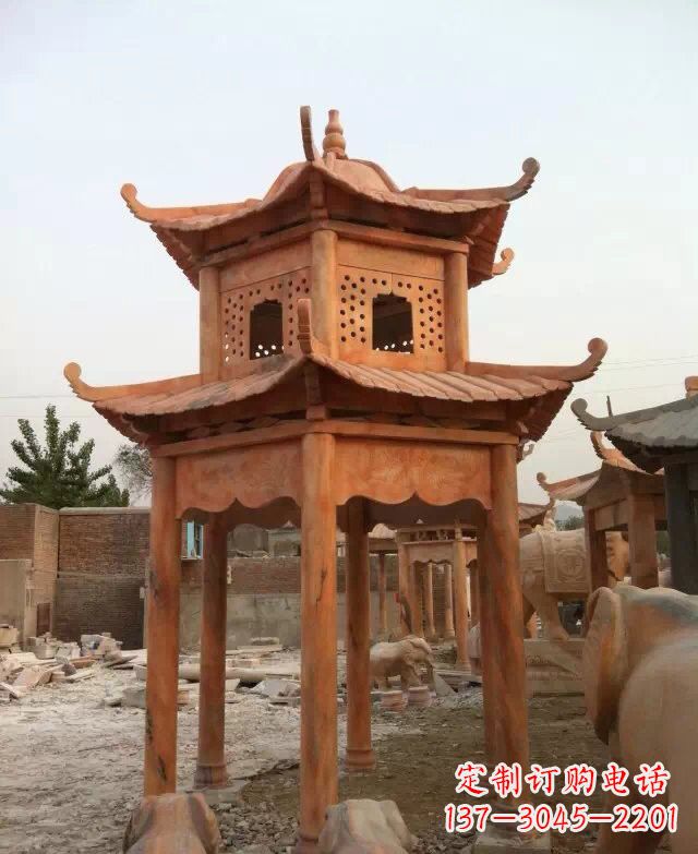 潍坊晚霞红双层凉亭石雕
