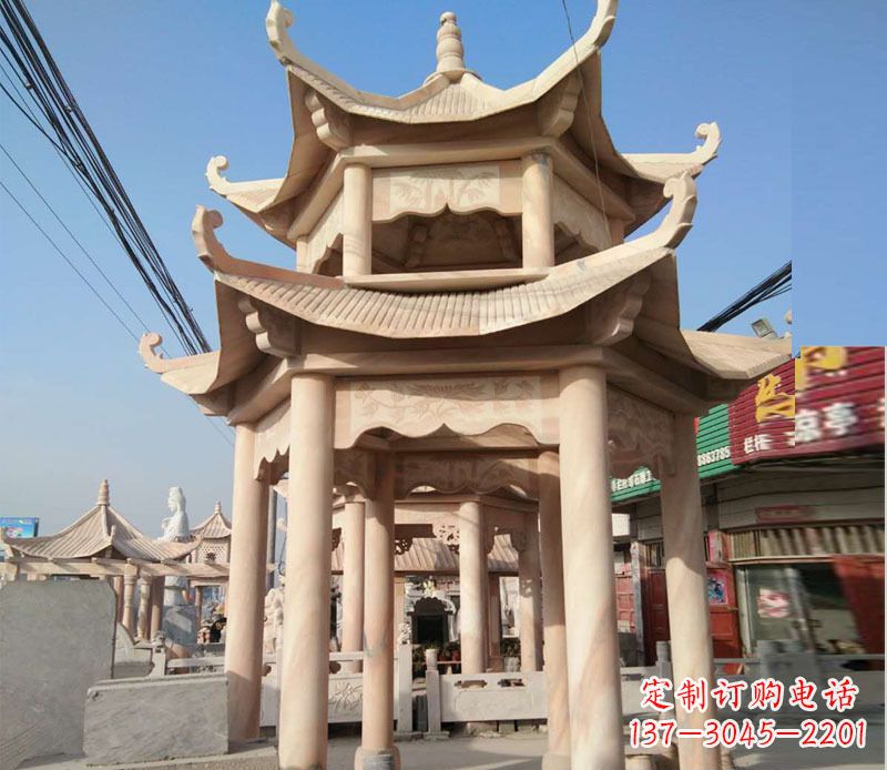 潍坊晚霞红双层六角凉亭石雕 (3)