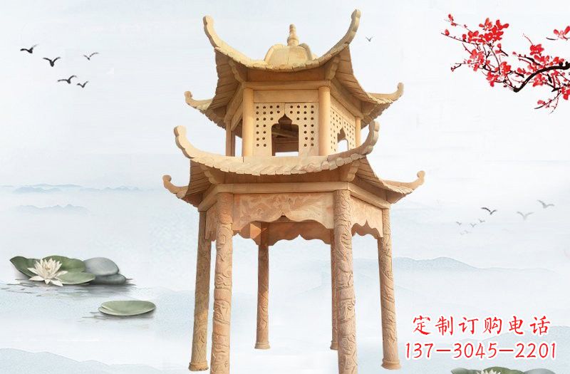 潍坊晚霞红双层六角凉亭石雕