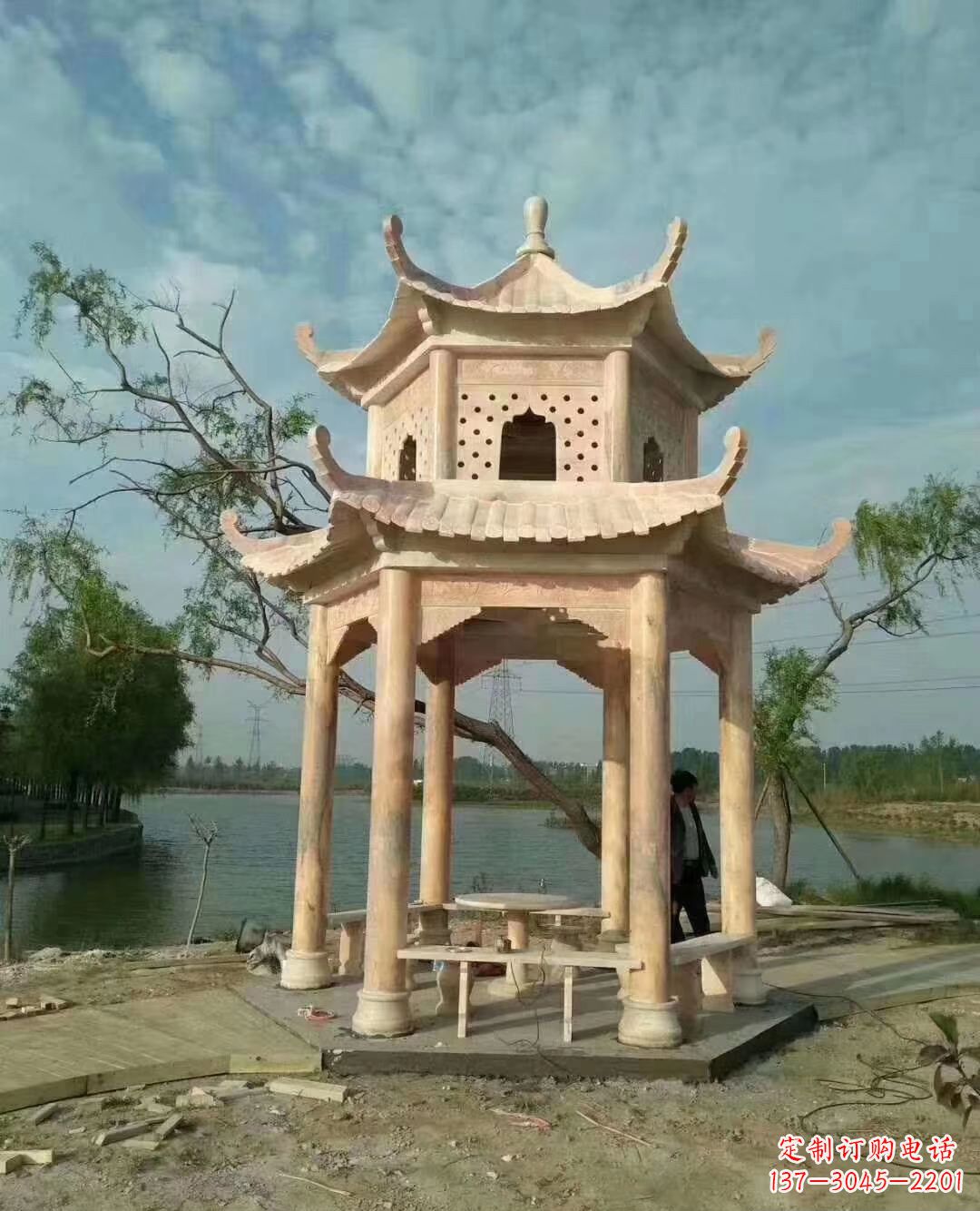 潍坊晚霞红双层石凉亭 (2)