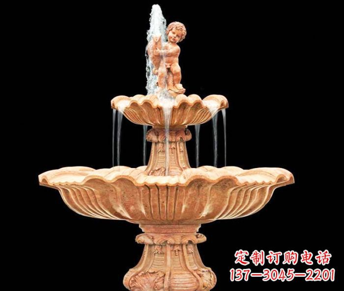 潍坊晚霞红小孩抱鱼石雕喷泉