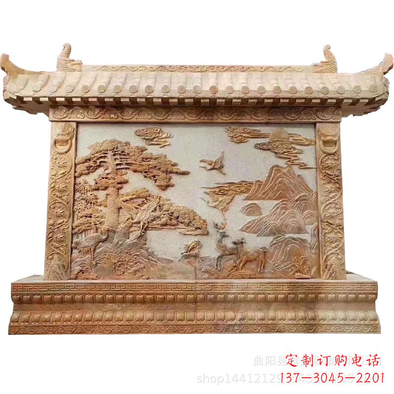 潍坊晚霞红迎客松石雕影壁
