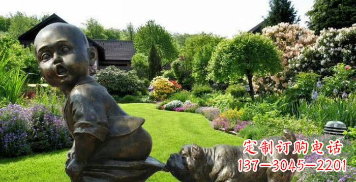 潍坊小狗叼小孩裤子童趣铜雕