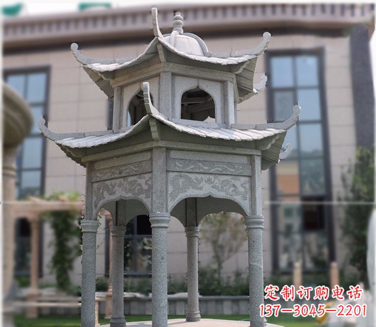 潍坊小区大理石六角石雕双层凉亭