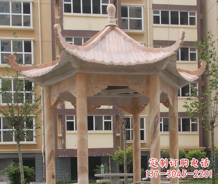 潍坊小区晚霞红六角凉亭石雕