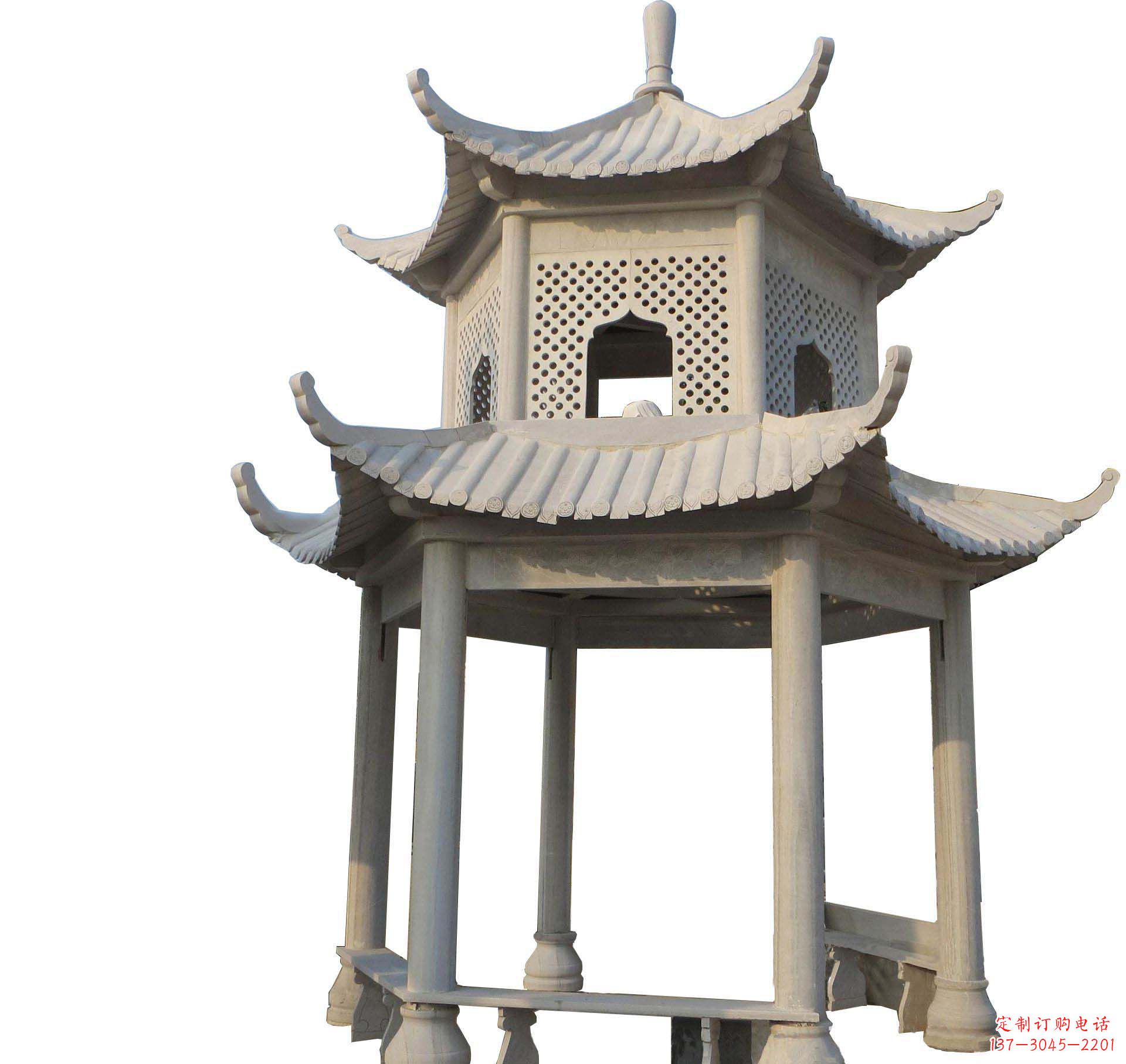潍坊园林景观大理石六角石雕双层凉亭