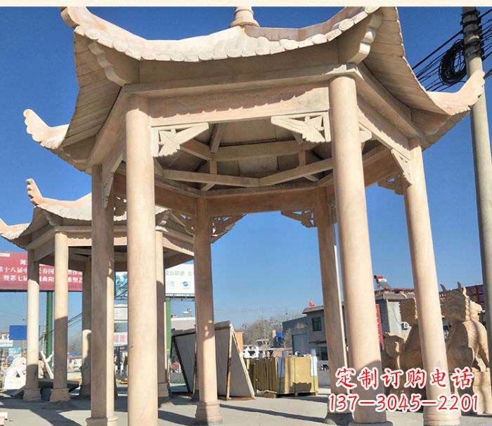 潍坊园林景观晚霞红六角石雕凉亭 (2)