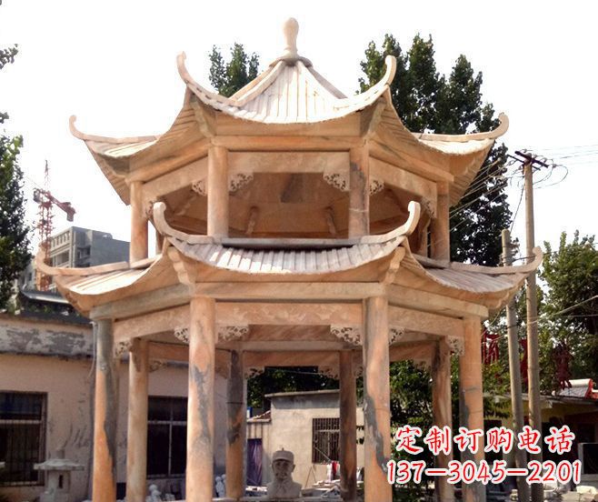 潍坊园林景观晚霞红双层石雕凉亭