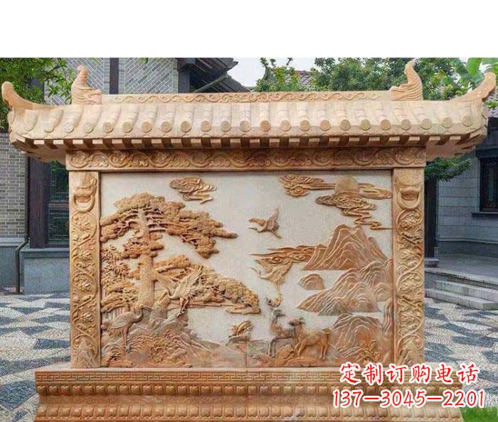 潍坊园林景观晚霞红松鹤石浮雕影壁