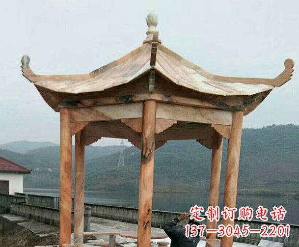 潍坊园林晚霞红单层石凉亭景观石雕