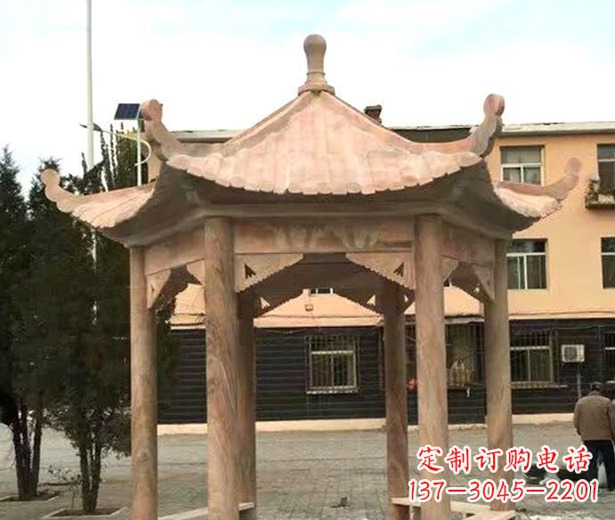 潍坊园林晚霞红六角石雕凉亭