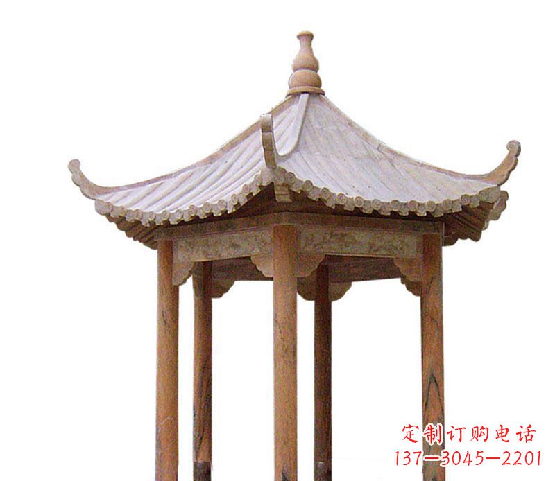 潍坊园林晚霞红六角石凉亭景观石雕 (2)