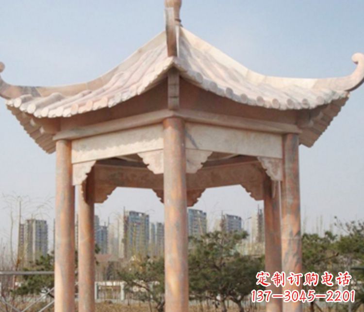 潍坊园林晚霞红六角石凉亭景观石雕