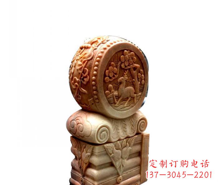 潍坊招财石门墩晚霞红抱鼓石