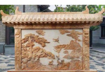 潍坊园林景观晚霞红松鹤石浮雕影壁