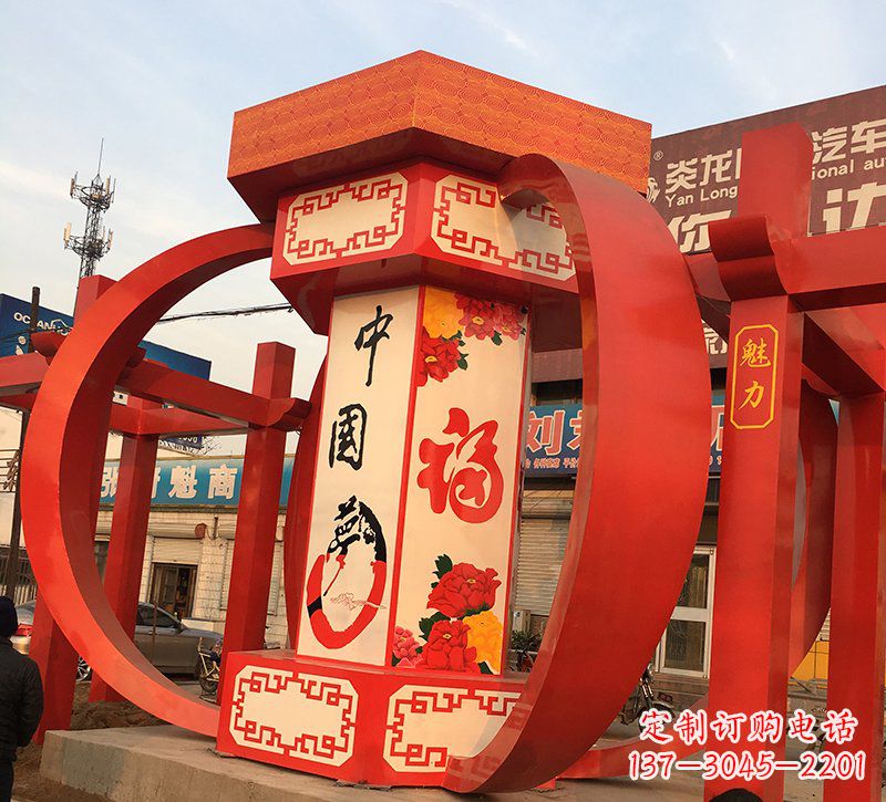潍坊公园广场摆放不锈钢中国梦灯笼雕塑