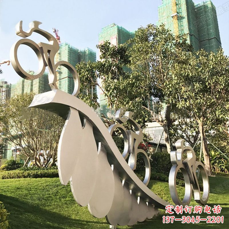 潍坊自行车雕塑-抽象不锈钢骑自行车人物景观雕塑